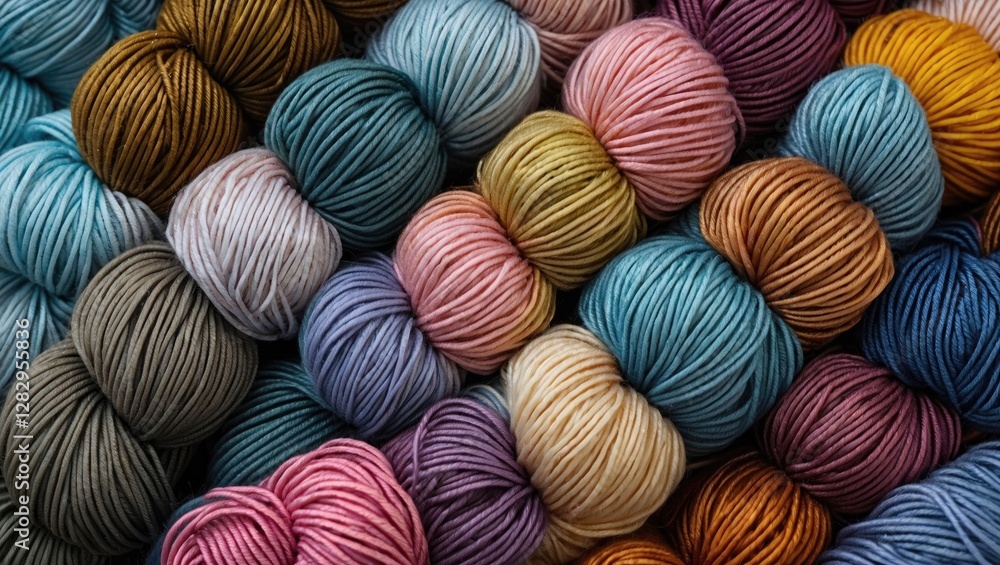 Poster colored yarn balls in various shades neatly arranged in a textured pattern for textile and craft rel