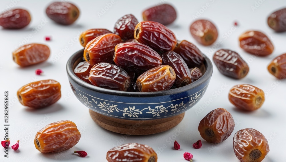 Poster bowl filled with assorted dates surrounded by scattered dates on a white background