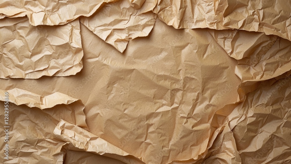 Poster crumpled brown paper texture background with layered folds and creases in a uniform pattern for desi