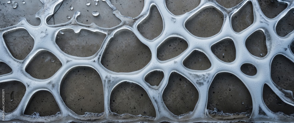 Poster close-up of patterned foam bubbles on a wet concrete surface with water droplets and textured backgr