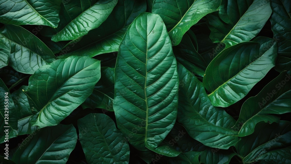 Aufkleber dense arrangement of dark green leaves with varying textures and shapes creating a natural backgroun