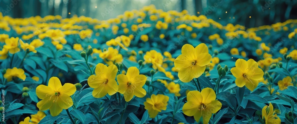 Poster yellow flowers in a lush green field under soft light with blurred background creating a vibrant nat