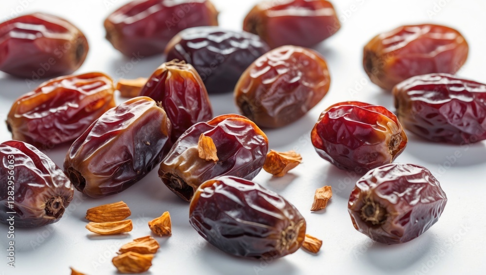 Poster dried dates scattered on a white surface with small pieces of date seeds arranged around them
