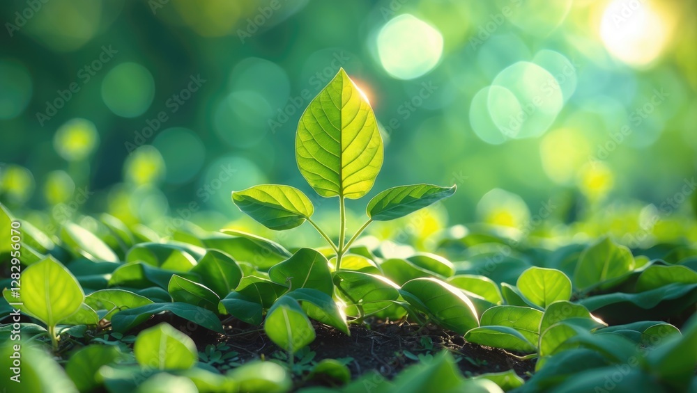 Poster fresh green sprout emerging from soil surrounded by lush foliage with soft bokeh background and warm