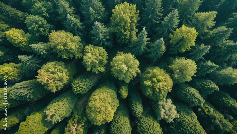 Aufkleber aerial view of dense green tree canopy with diverse leaf shapes and textures in a forest environment