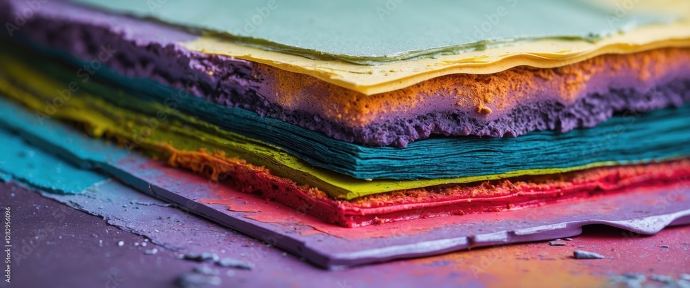 Poster multicolored paper sheets stacked in vibrant layers showing texture and depth with subtle lighting e