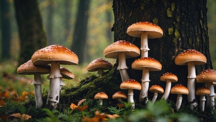 Forest scene with various mushrooms growing at the base of a tree surrounded by greenery and fallen leaves in autumn colors