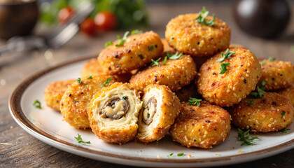 Delicious golden breaded chicken bites on wooden table