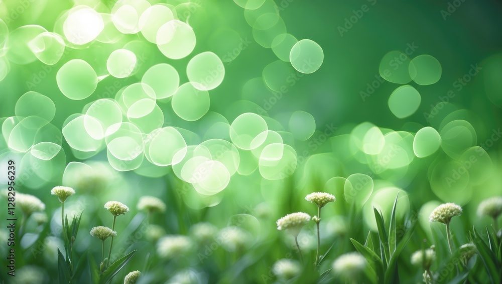 Aufkleber green bokeh background with soft focus flowers and grass in a natural setting for decorative or desi