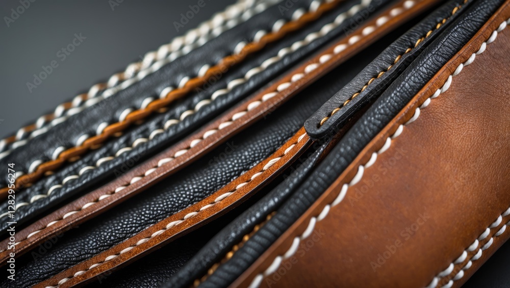 Poster close-up view of various textured leather strips in black and brown with contrasting stitching patte