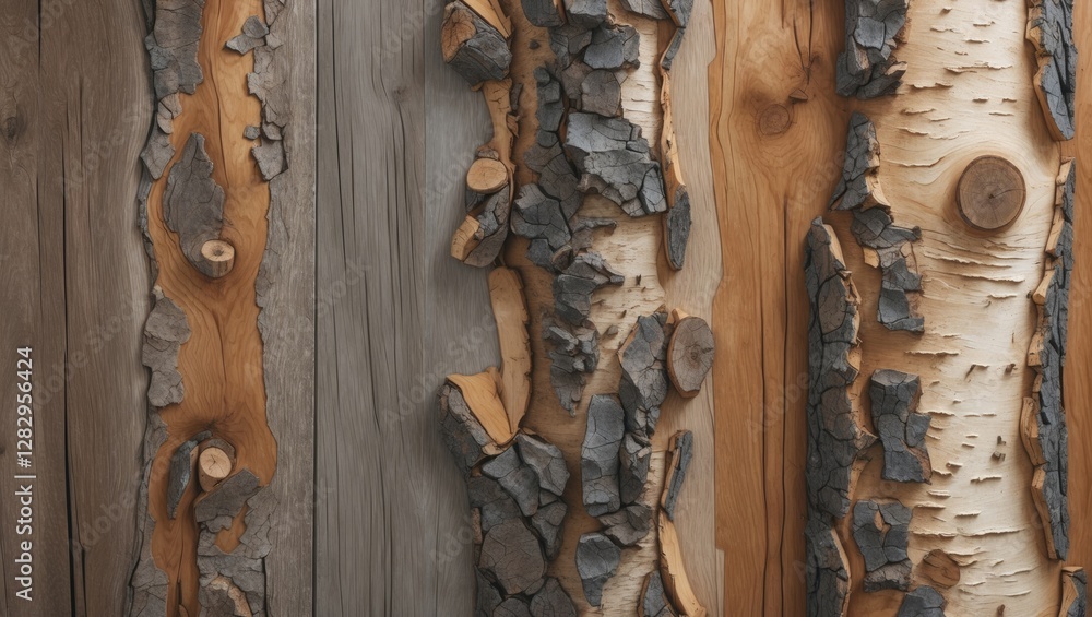Poster wooden textures featuring rustic bark patterns with variations in color and grain on a wooden surfac
