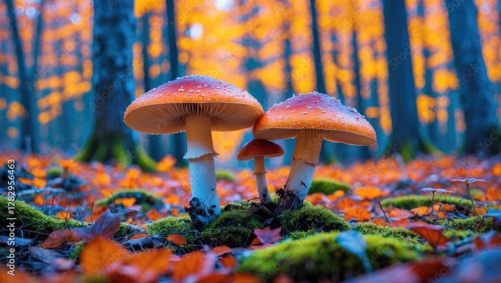 Poster mushrooms with vibrant orange caps surrounded by autumn foliage in a serene forest setting with blur