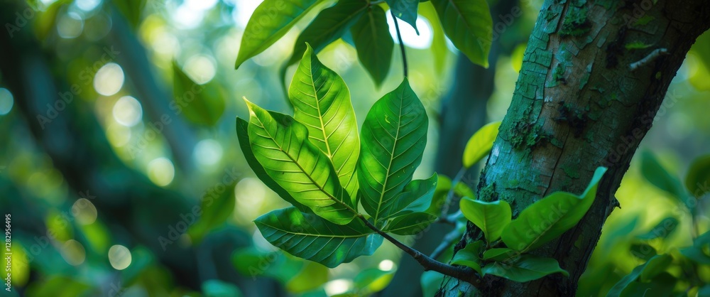 Aufkleber close-up of fresh green leaves on a tree branch with sunlight filtering through foliage creating a n