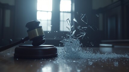 Close-up of a shattered glass gavel on a wooden desk, symbolizing broken justice, with a focus on legal system flaws and courtroom drama concepts.