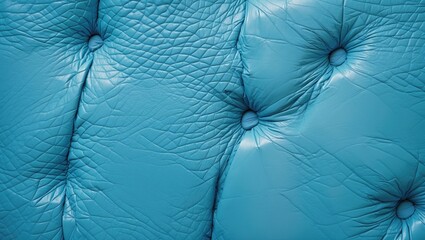 Close-up of textured turquoise leather upholstery with tufted buttons and creases in a modern furniture design