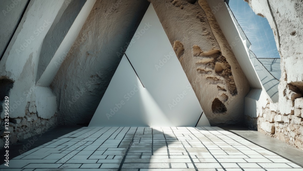 Poster interior view of an abstract architectural space featuring triangular shapes and textured walls with