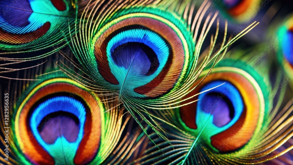 Poster colorful peacock feathers with vibrant patterns and textures creating a visually striking and intric