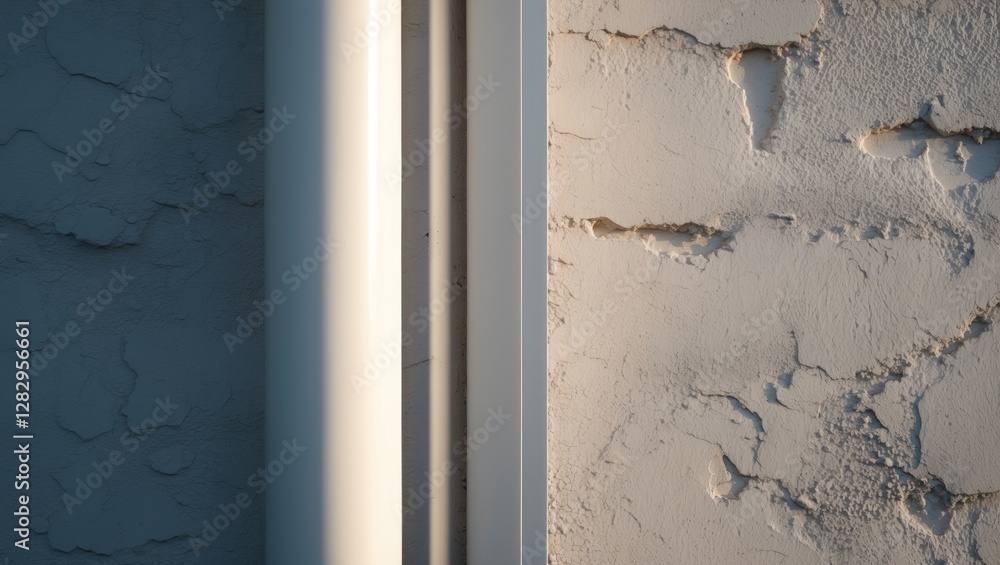 Poster abstract composition of textured wall and vertical white column in soft light showcasing contrasting