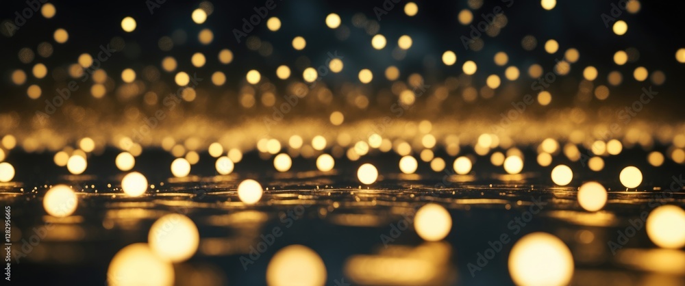 Poster abstract background with illuminated bokeh lights reflected on wet surface in dark environment captu