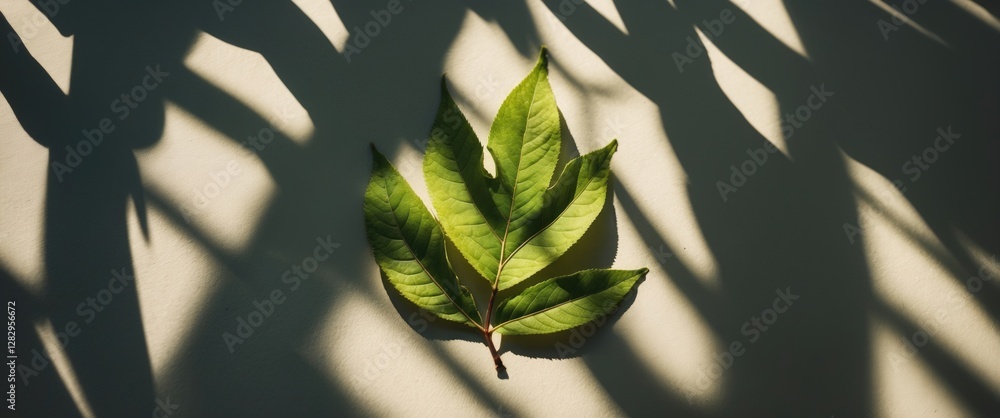 Poster green leaf placed on a light background with shadows creating a patterned effect in the surrounding 
