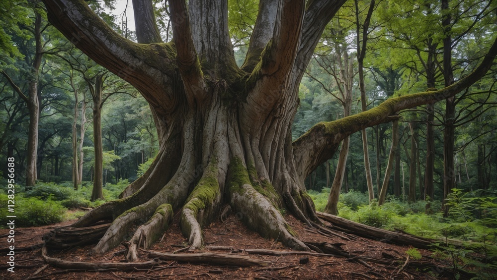 Aufkleber large ancient tree with wide trunk and exposed roots in a lush green forest setting during daytime. 