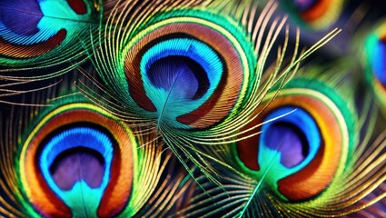 Colorful peacock feathers with vibrant patterns and textures creating a visually striking and intricate close-up background.