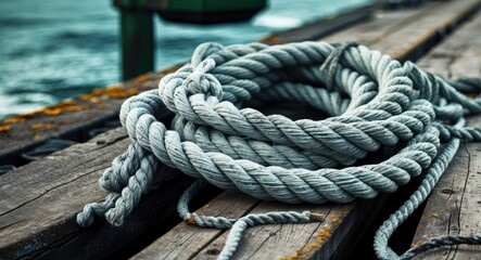 Coiled thick marine rope on weathered wooden dock surface with ocean background in soft focus