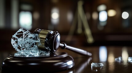 Close-up of a shattered glass gavel on a wooden desk, symbolizing broken justice, with a focus on legal system flaws and courtroom drama concepts.