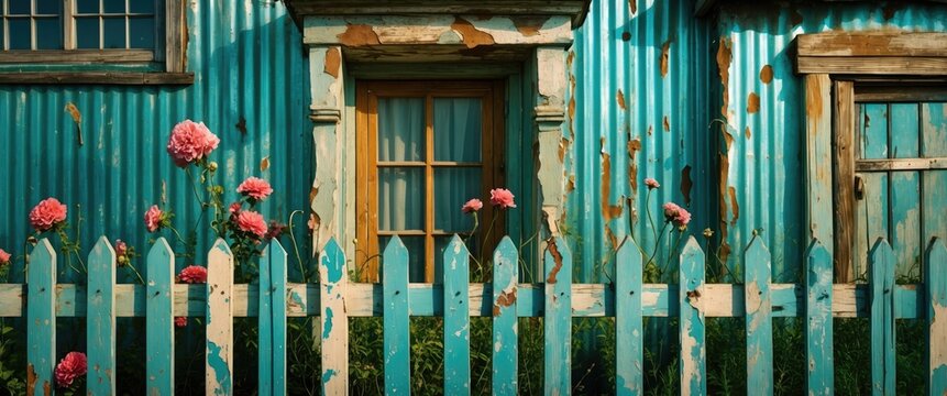 Blue corrugated metal wall house with wooden door and window surrounded by pink flowers and weathered white picket fence