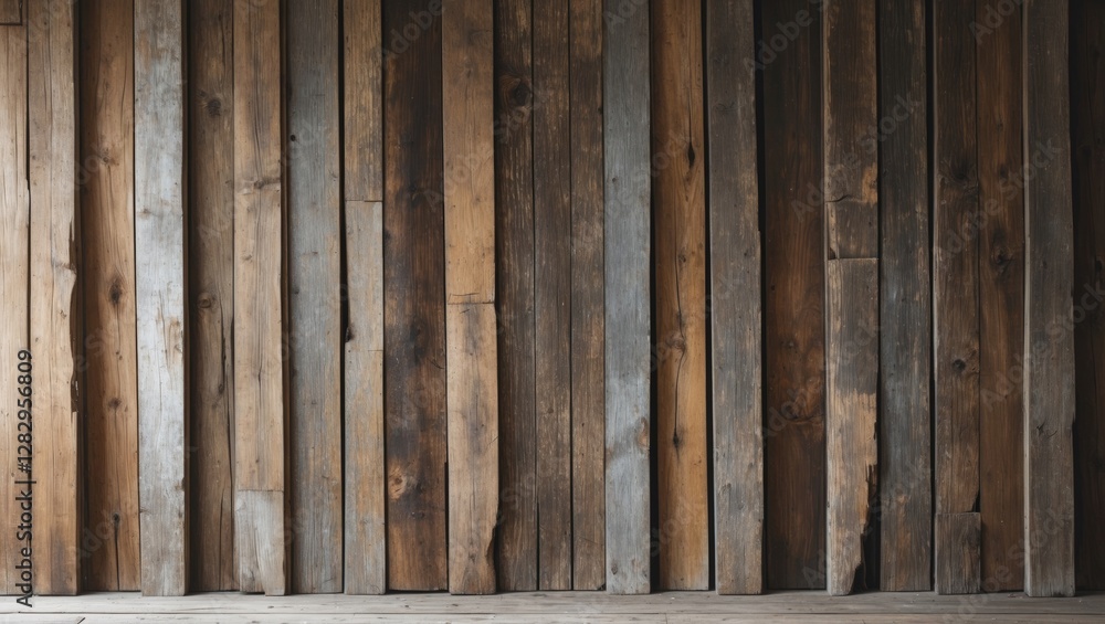 Poster weathered wooden wall with vertical planks in various shades of brown and gray displaying texture an