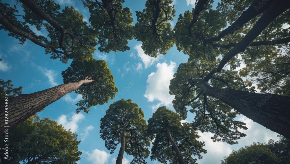 Poster view of tall trees from below against a partially cloudy sky creating a natural canopy in a forested