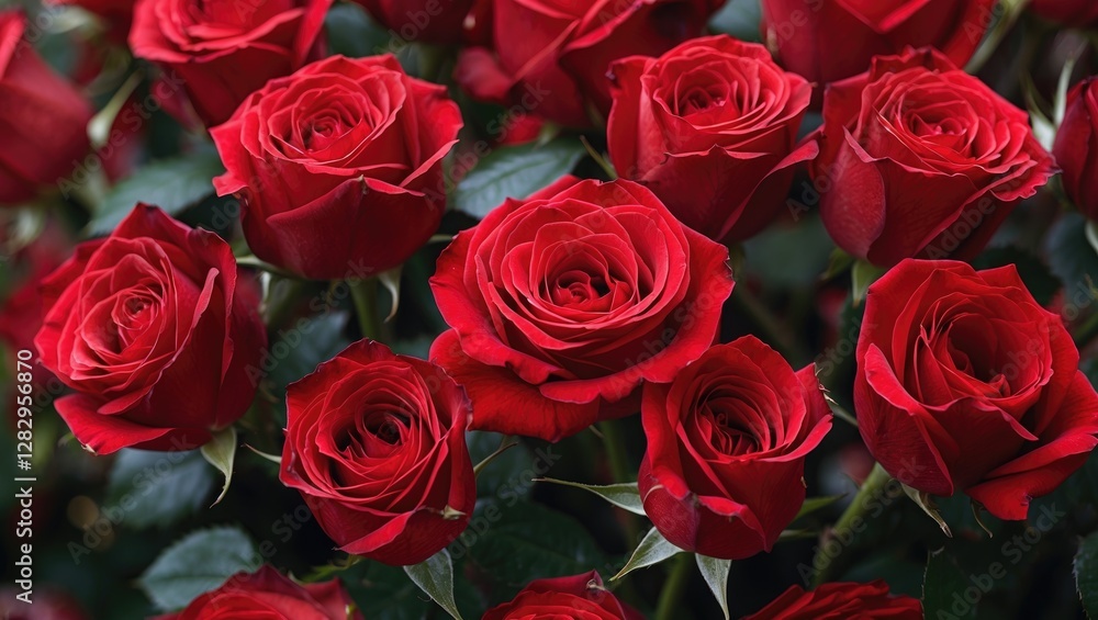 Aufkleber red roses in full bloom with green leaves background creating a vibrant floral display suitable for 