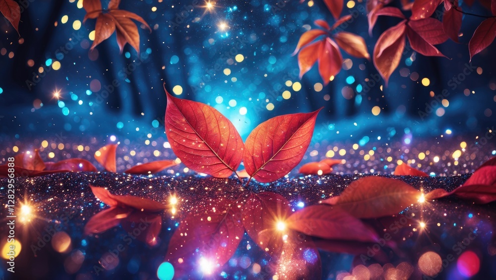 Poster vibrant autumn leaves on a glittering surface with a blurred blue background and sparkling bokeh lig