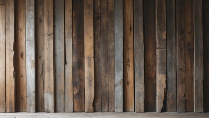 Weathered wooden wall with vertical planks in various shades of brown and gray displaying texture and grain pattern