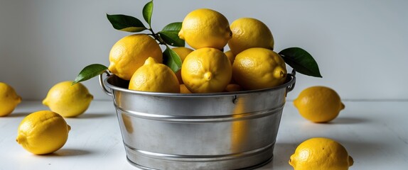 Lemons in a metal bucket surrounded by loose lemons with green leaves on a white wooden surface