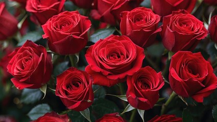 Obraz premium Red roses in full bloom with green leaves background creating a vibrant floral display suitable for various designs and projects.