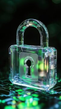 Transparent padlock on digital green background