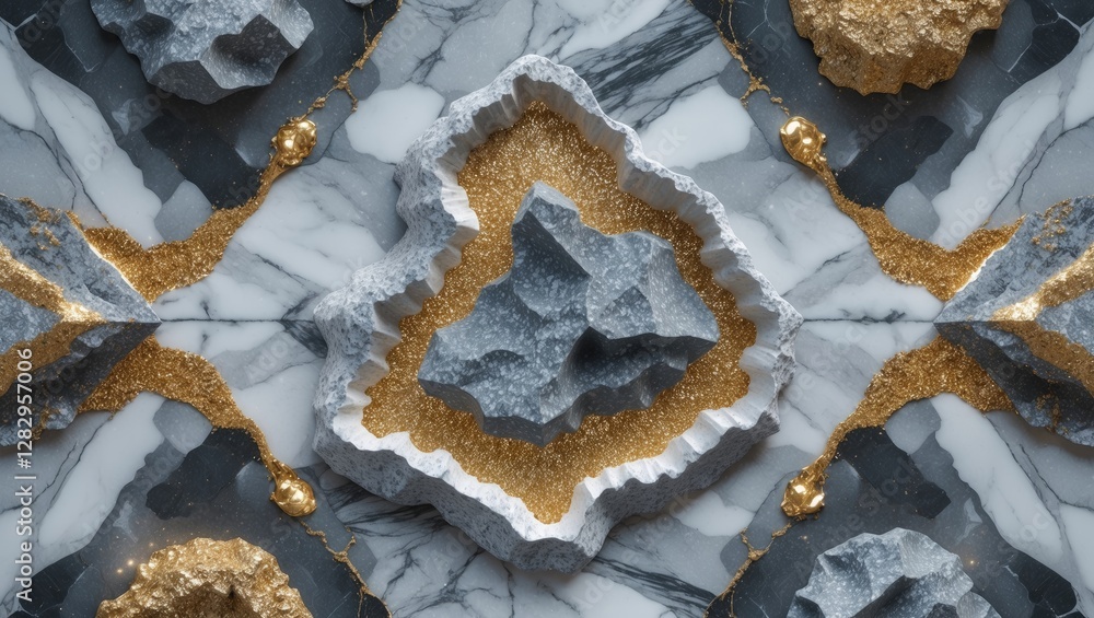 Poster marble background with natural grey and white stones surrounded by gold glitter and fluid elements c