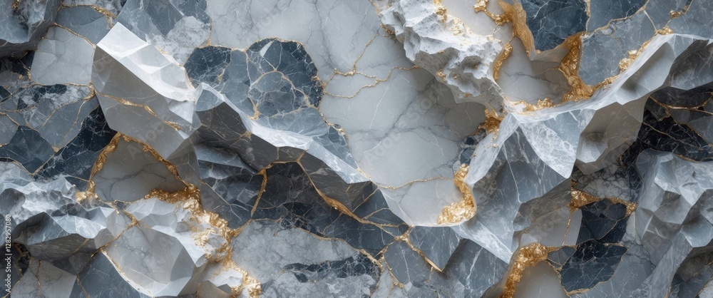 Poster textured abstract surface of gray and white stone with golden veins and angular rock formations. nat
