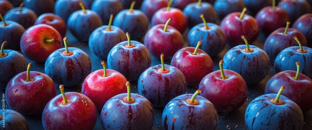 Aufkleber blue and red plums arranged in a pattern on a black background with droplets of water for freshness 