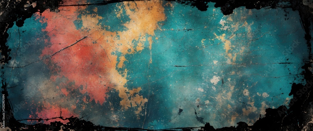 Poster textured abstract background with blue, orange, and red color splashes on a weathered surface with b