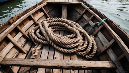 Obraz premium Wooden boat interior with coiled rope resting on weathered planks near still water surface in natural light.