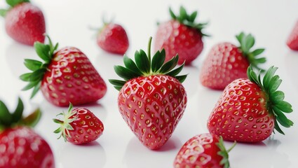 Fresh red strawberries arranged on a reflective surface with green leaves close-up view for food and beverage themes.