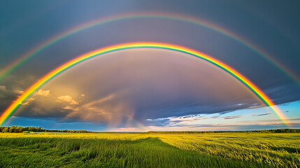 Obraz premium Majestic Quadruple Rainbow Spanning a Serene Landscape with Vibrant Skies and Reflective Waters