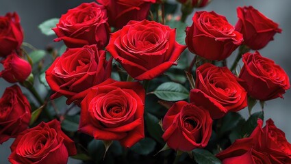 Obraz premium Red roses bouquet with lush green leaves in a close-up arrangement against a soft blurred background