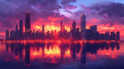 Fototapeta premium Anime-style depiction of the Chicago skyline at dusk, skyscrapers glowing with warm lights, vibrant hues of orange and purple in the sky, serene reflections on the calm waters of Lake Michigan,