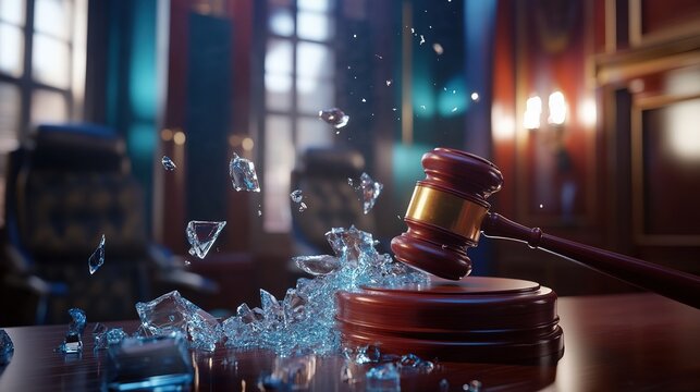 Close-up of a shattered glass gavel on a wooden desk, symbolizing broken justice, with a focus on legal system flaws and courtroom drama concepts.