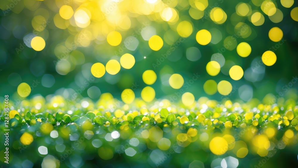Poster abstract background with blurred green foliage and golden bokeh lights creating a soft, natural ambi