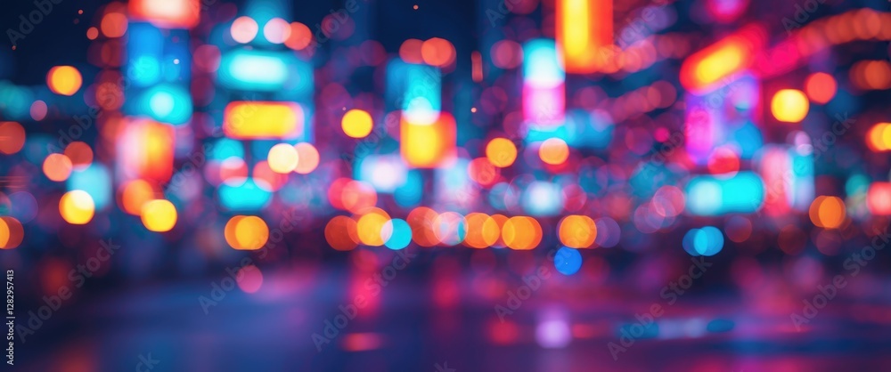 Poster blurred night cityscape with colorful neon lights and bokeh effect, urban atmosphere with vibrant co