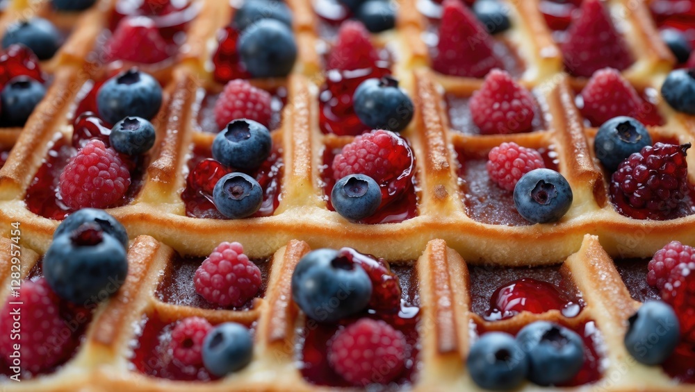 Poster waffles topped with fresh blueberries and raspberries drizzled with berry jam arranged in a grid pat